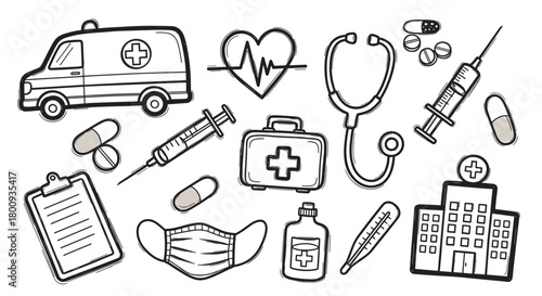 A collection of hand-drawn medical and healthcare icons in a doodle style, including an ambulance, hospital, stethoscope, syringe, and pills, isolated on a light background