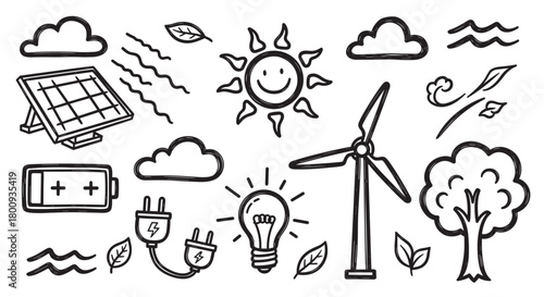 Hand-drawn illustration featuring a set of doodle-style icons for sustainable living, including a solar panel, wind turbine, sun, tree, and other eco-friendly symbols