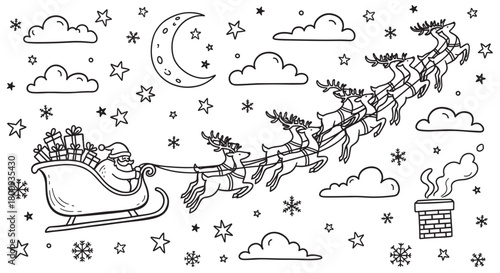 A whimsical hand-drawn illustration of a festive character flying in his sleigh with reindeer across a starry winter night sky with clouds, snowflakes, and a crescent moon