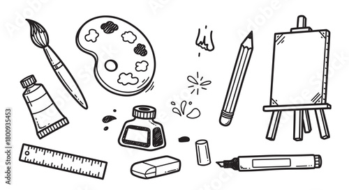 A collection of hand-drawn art and school supplies, including a paintbrush, palette, easel, and pencil, in a simple black and white doodle style for creative concepts