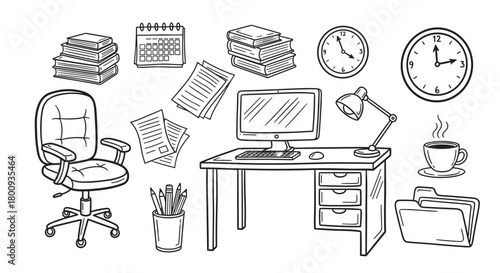 Doodle style collection of office and business elements, including a computer desk, swivel chair, paperwork, and calendar, in a hand-drawn line art illustration set