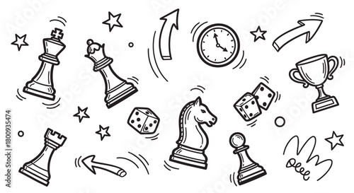 A collection of hand-drawn doodle illustrations featuring chess pieces, dice, a trophy, and a clock, representing the concepts of strategy, competition, and winning a board game