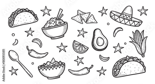 A festive collection of traditional Latin American food icons, including tacos, nachos, and chili peppers, hand-drawn in a vintage sketch style on a simple cream-colored background