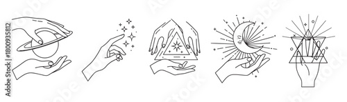 A collection of mystical and celestial icons featuring hands holding a planet, moon, and stars in a minimalist black and white line art style, perfect for esoteric or spiritual branding