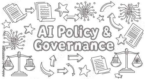 A hand-drawn doodle illustration about AI policy and governance, featuring icons like circuit boards, legal documents, and scales of justice on a white background