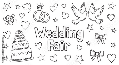 A charming black and white doodle set for a wedding fair, featuring hand-drawn line art of a cake, rings, doves, hearts, and stars, perfect for coloring or invitations