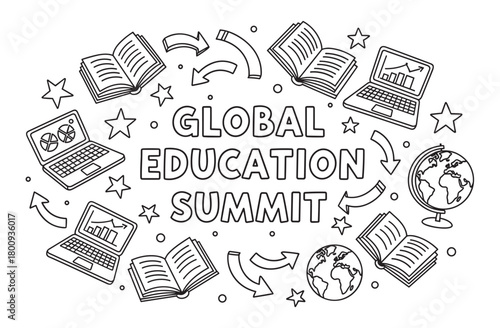 Doodle-style concept art for an international academic conference, with hand-drawn icons like computers, textbooks, and world globes in a simple outline style
