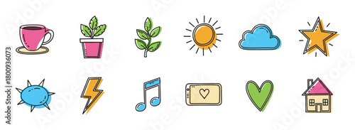 A collection of colorful hand-drawn doodle icons featuring a coffee cup, plant, sun, cloud, heart, and house, illustrated in a playful sketch style with offset colors on a white background