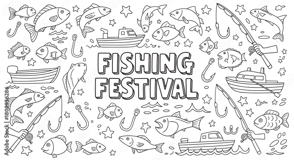 Fototapeta premium A black and white doodle illustration for a fishing festival featuring cartoon fish, boats, rods, and hooks, perfect as a coloring book page or event banner design