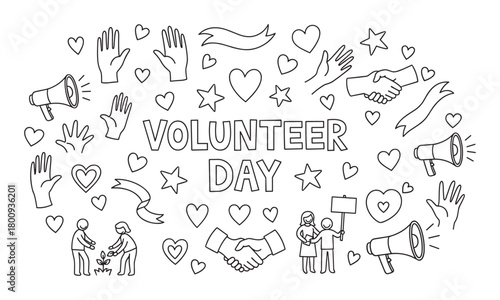 Black and white doodle illustration celebrating Volunteer Day, a collection of hand-drawn icons showing community support, charity, helping hands, and love on a white background