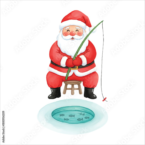 Santa Claus Ice Fishing Watercolor Vector Isolated on White Background
