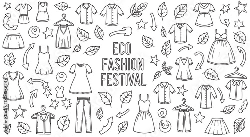 A hand-drawn doodle set with clothes, leaves, and arrows illustrating the concept of an eco fashion festival, sustainable clothing, and recycling on a white background