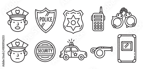 A comprehensive set of minimalist line art icons representing law enforcement, including a police officer, patrol car, badge, handcuffs, and security equipment