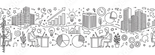 A creative seamless border with hand-drawn doodles of office workers, cityscapes, charts, and icons representing business ideas and growth on a white background