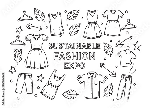 Hand-drawn black and white doodle illustration promoting a sustainable fashion expo with various clothing items, leaves, and recycling symbols on a clean white background