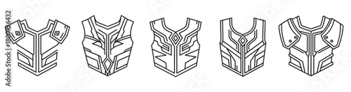 A collection of five futuristic chest armor designs presented as a simple black and white line art icon set, perfect for fantasy or sci-fi video game character concepts