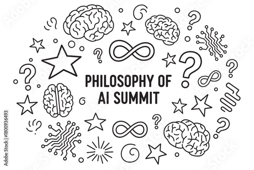 Conceptual black and white line art illustration about the philosophy of artificial intelligence, with doodle icons of brains, circuits, and question marks on a white background