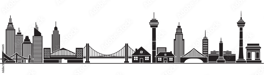 Naklejka premium A black and white vector illustration of a generic city skyline featuring diverse architecture like modern skyscrapers, towers, bridges, and houses presented in a panoramic silhouette