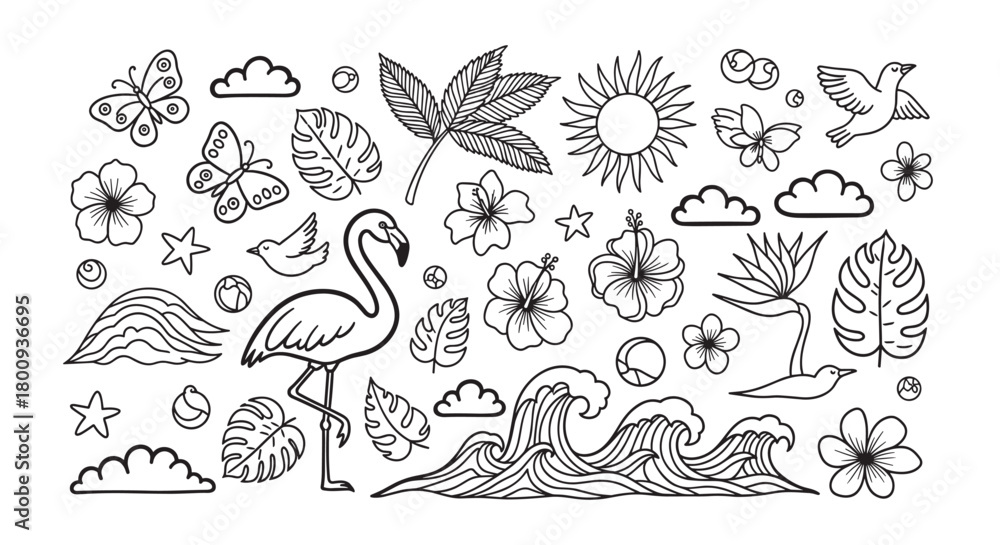 Obraz premium Set of summer vacation doodles featuring a flamingo, hibiscus flowers, monstera leaves, sun, and ocean waves, illustrated in a simple black and white line art graphic style