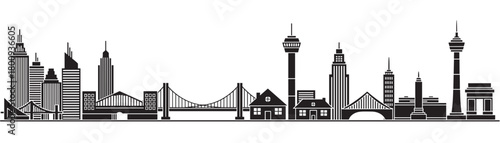 A black and white vector illustration of a generic city skyline featuring diverse architecture like modern skyscrapers, towers, bridges, and houses presented in a panoramic silhouette