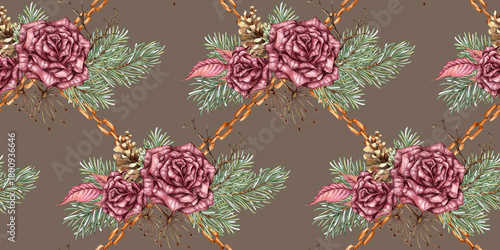 Burgundy roses, fir branches, cones, dry branches, dried flowers, leaves and chains seamless pattern watercolor illustration. Earth tone isolated, suitable for Christmas and New Year wrapping paper, 
