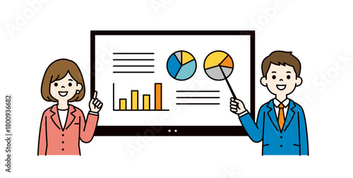 デジタルホワイトボードと、プレゼンするビジネスマンの上半身ベクターイラスト素材＿カラー