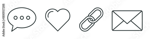Social media communication icon set with comment bubble, heart, link, and envelope symbols in a simple black and white line art style for user interface design