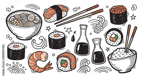 A collection of hand-drawn doodle illustrations of traditional Asian food, including sushi, ramen, rice, and soy sauce, in a vintage sketch style on a light background