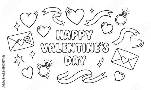A hand-drawn doodle set with 'Happy Valentine's Day' text, hearts, rings, and love letters, perfect for coloring pages, greeting cards, and romantic celebrations