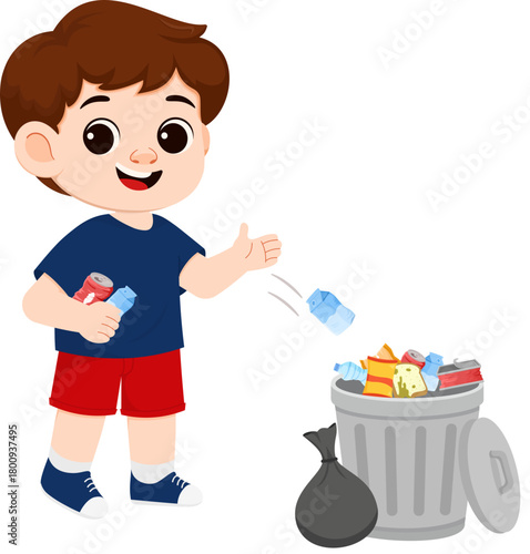 Illustration of Boy Throwing Trash in Bin