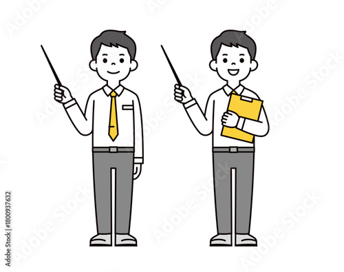 指示棒と資料を持ってプレゼン・説明する、若い男性の全身ベクターイラスト素材セット