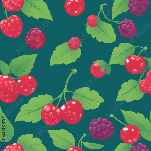 Seamless pattern of fresh red cherries and raspberries with green leaves on a dark teal background, a vibrant and juicy illustration perfect for summer themes and food packaging