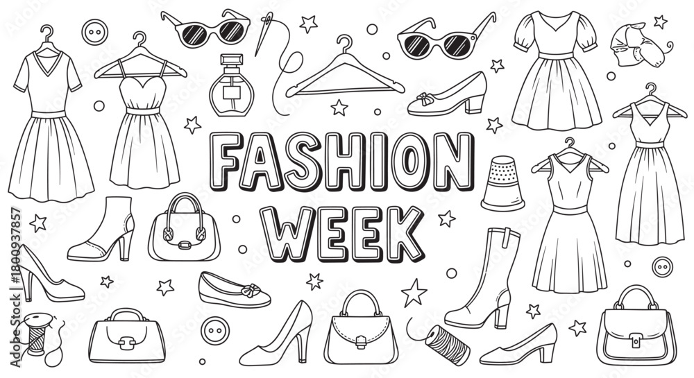 Obraz premium A black and white doodle set of fashion week elements including dresses, shoes, handbags, and accessories, hand-drawn in a cute coloring book style on a white background