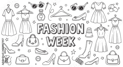 A black and white doodle set of fashion week elements including dresses, shoes, handbags, and accessories, hand-drawn in a cute coloring book style on a white background