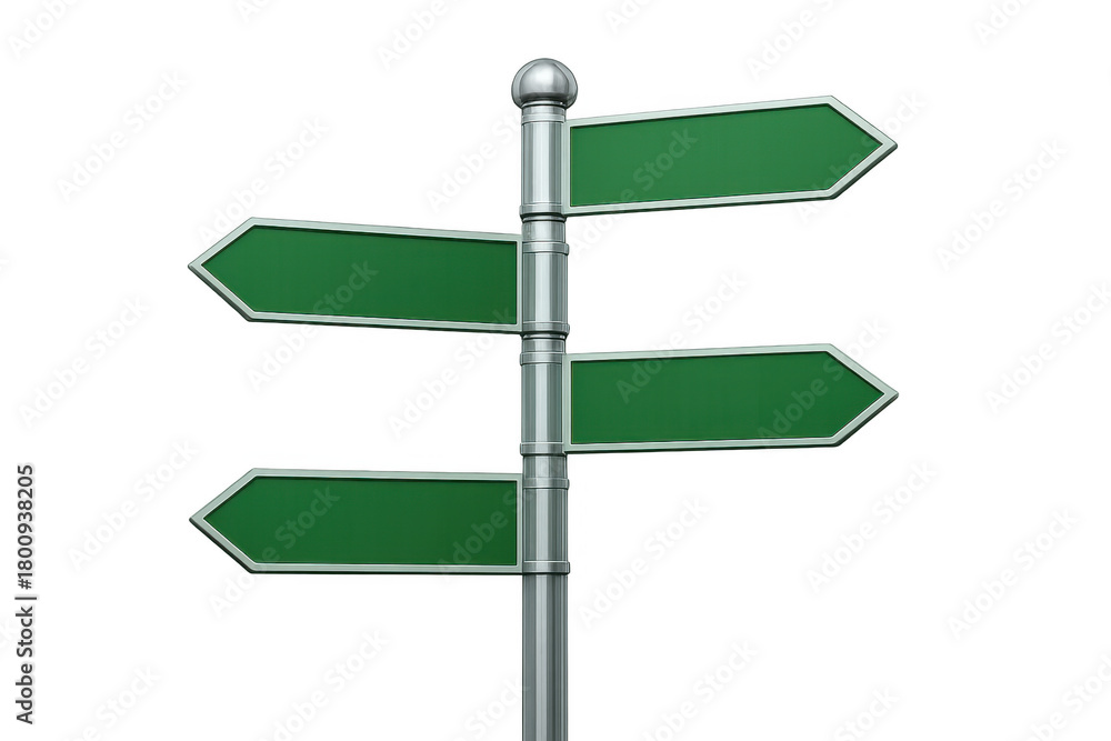 Obraz premium Blank signpost showing multiple green arrows for choosing a path, making decisions, and illustrating business strategy directions