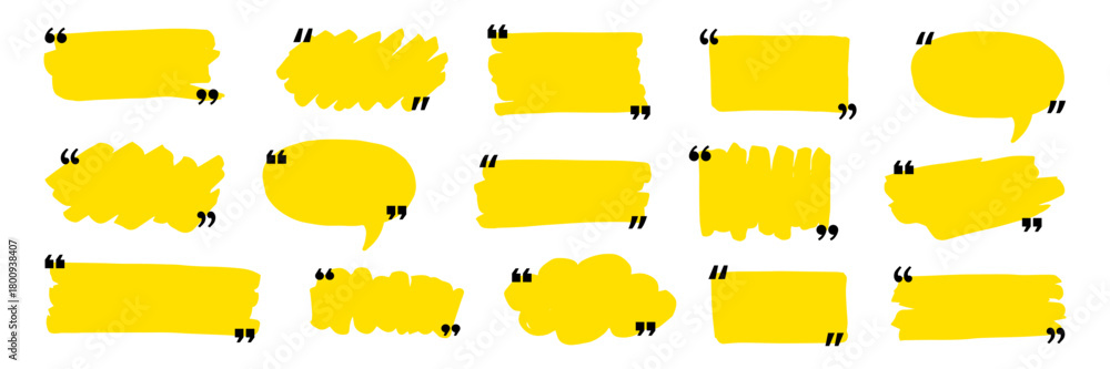 Naklejka premium Quotation mark text box frame set. Hand drawn marker brush stroke text message frame background. Quotation mark dialog speech, square, chat banner design template. Vector illustration