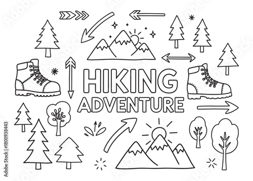 A charming collection of hand-drawn doodle icons for a hiking adventure, featuring boots, mountains, trees, and arrows in a simple black and white line art style on a plain background