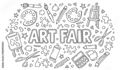 Hand-drawn doodle illustration with Art Fair lettering surrounded by various art supplies like paint, brushes, and pencils, perfect for a creative event or coloring page