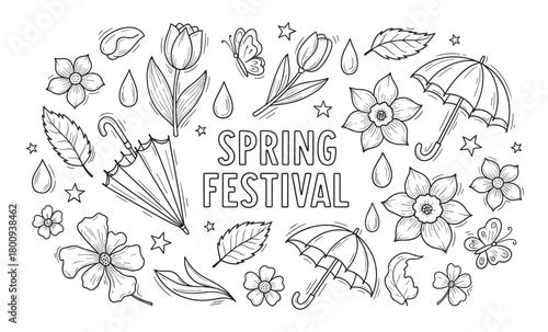 A charming black and white doodle set celebrating a spring festival with hand-drawn flowers like tulips and daffodils, umbrellas, butterflies, and raindrops on a white background
