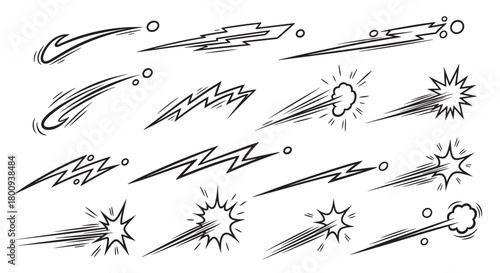 A diverse set of hand-drawn comic book style motion effects, including speed lines, energy bolts, smoke puffs, and impact explosions, isolated on a white background