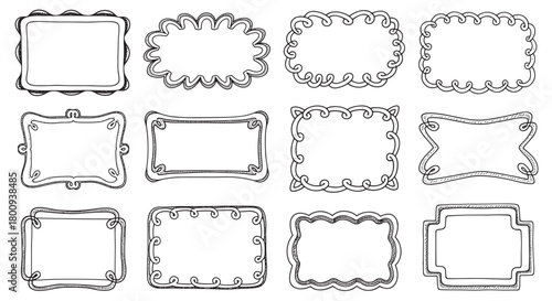 A collection of twelve hand-drawn doodle frames and borders in various decorative shapes, sketched in black ink on a white background as a graphic design element set
