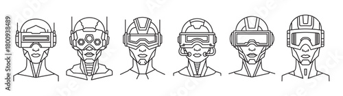 A collection of futuristic cyborg heads with virtual reality goggles, a clean black line art vector illustration isolated on a white background for technology concepts