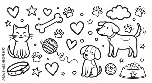 A charming collection of hand-drawn doodle illustrations featuring cute cats, dogs, and various pet accessories like bones, collars, and food bowls in a playful line art style