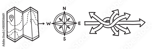 Simple black and white line art depicting a map and compass pointing towards a confusing tangle of arrows, representing the complexity of choice and finding the right direction