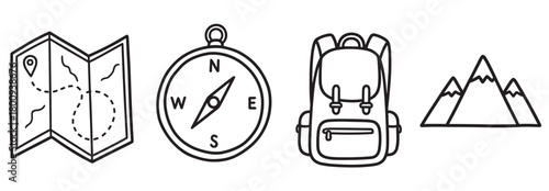 A collection of simple black outline icons featuring a folded map, a compass, a backpack, and mountains, representing adventure and outdoor exploration on a white background