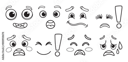 A set of hand-drawn cartoon facial expressions in a black and white doodle style, showing various emotions like happiness, sadness, and surprise for character creation