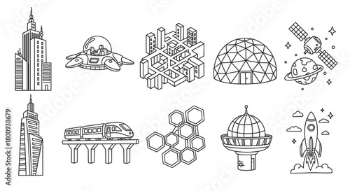 A collection of minimalist outline icons depicting concepts of the future, innovation, and urbanism, featuring a rocket, monorail, geodesic dome, and futuristic cityscapes