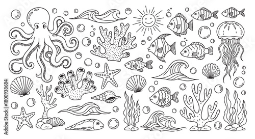 A charming collection of hand-drawn sea life doodles, featuring a cute octopus, fish, jellyfish, coral, and shells in a simple black line art style on a beige background