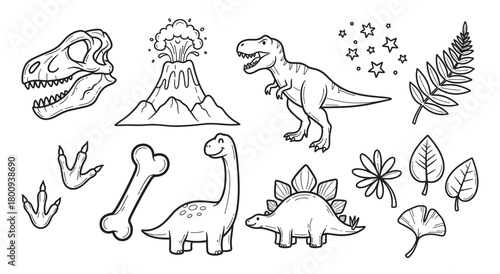 Charming black and white doodle set of cute dinosaurs and prehistoric elements, including a T-Rex, volcano, fossil, and plants, drawn in a simple cartoon line art style
