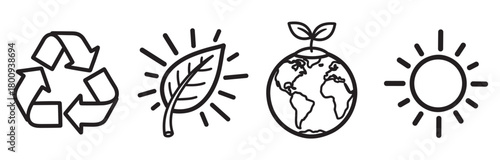 A set of hand-drawn ecology icons, including a recycling symbol, a leaf, a growing planet Earth, and the sun, representing sustainability and environmental concepts